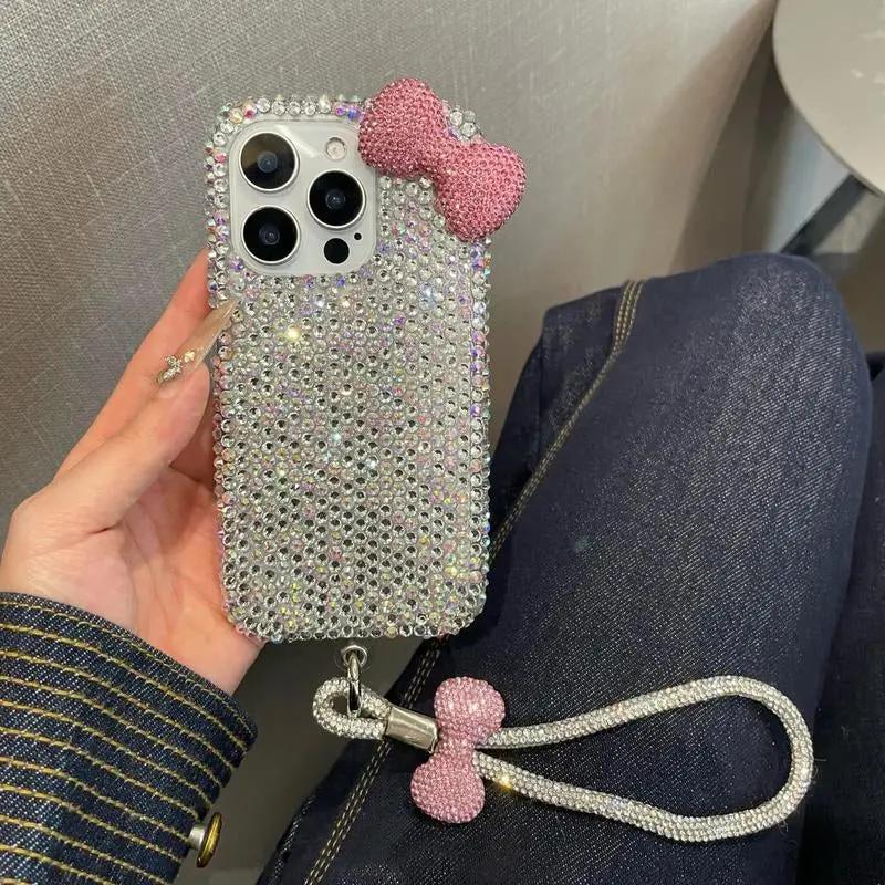 Glitter Bow Decor Phone Case with Chain, Cute Phone Case, Fashion Phone Accessories Compatible with Iphone 16 15 14 13 12 Series, Protector