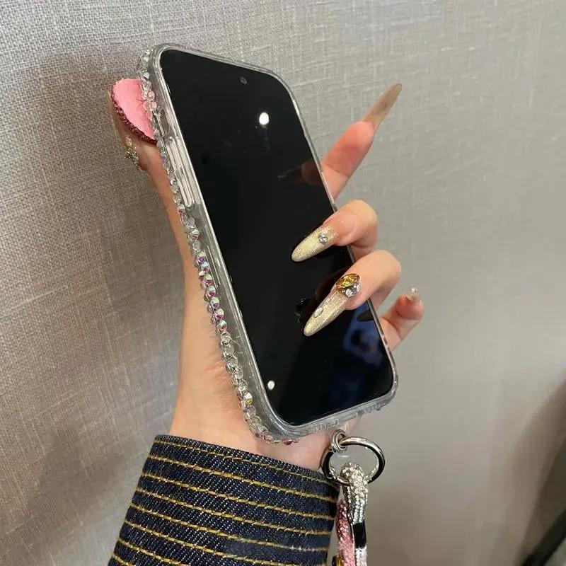 Glitter Bow Decor Phone Case with Chain, Cute Phone Case, Fashion Phone Accessories Compatible with Iphone 16 15 14 13 12 Series, Protector