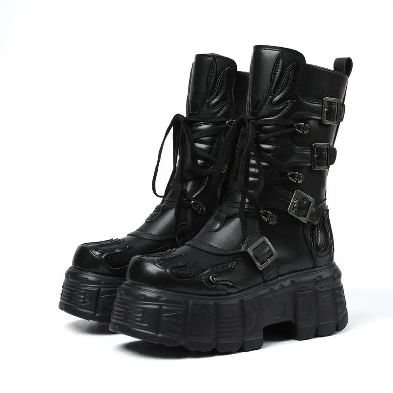 Women'S Punk Style Motorcycle Platform Ankle Boots with Fluorescent Flame Platform Wedge Gothic Combat Boots round Toe Design Non-Slip Rubber Sole Punk Rock Boots Concert Footwear Motorcycle Riding