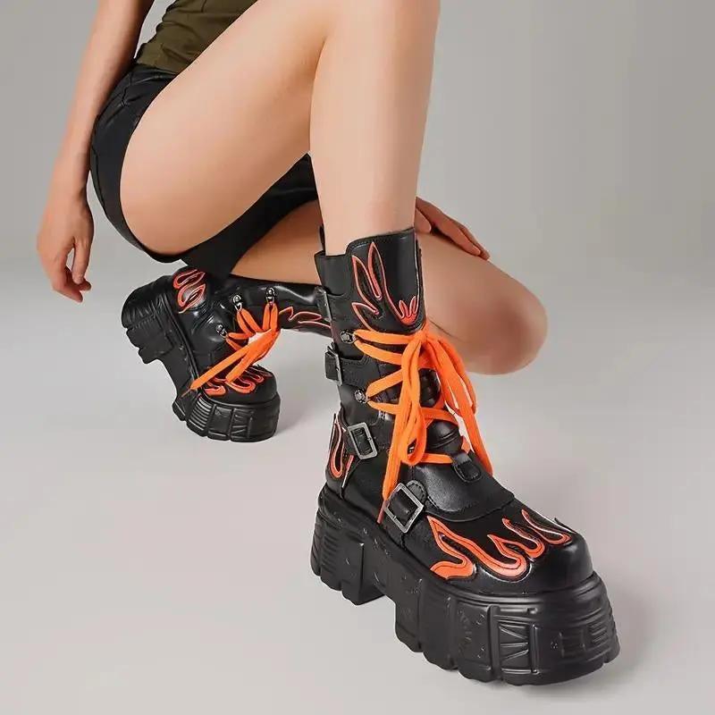 Women'S Punk Style Motorcycle Platform Ankle Boots with Fluorescent Flame Platform Wedge Gothic Combat Boots round Toe Design Non-Slip Rubber Sole Punk Rock Boots Concert Footwear Motorcycle Riding