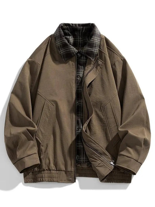 Men's Casual Loose-Fit Woven Jacket with Vintage British Colorblock Design for Spring and Fall Travel, Camping, and Gatherings
