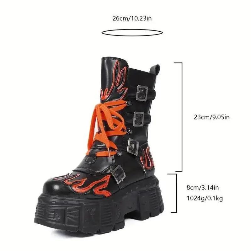 Women'S Punk Style Motorcycle Platform Ankle Boots with Fluorescent Flame Platform Wedge Gothic Combat Boots round Toe Design Non-Slip Rubber Sole Punk Rock Boots Concert Footwear Motorcycle Riding