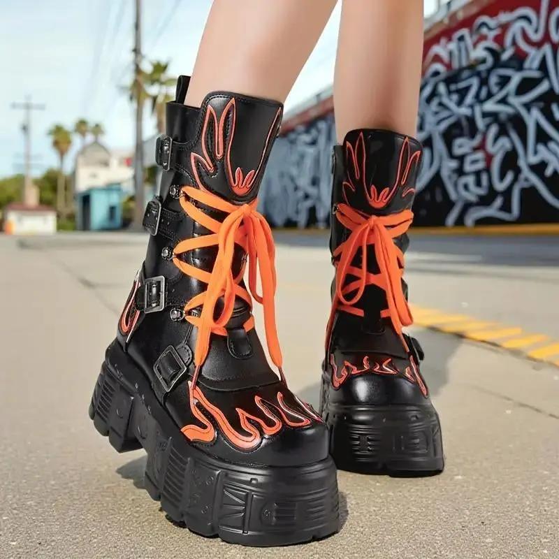 Women'S Punk Style Motorcycle Platform Ankle Boots with Fluorescent Flame Platform Wedge Gothic Combat Boots round Toe Design Non-Slip Rubber Sole Punk Rock Boots Concert Footwear Motorcycle Riding