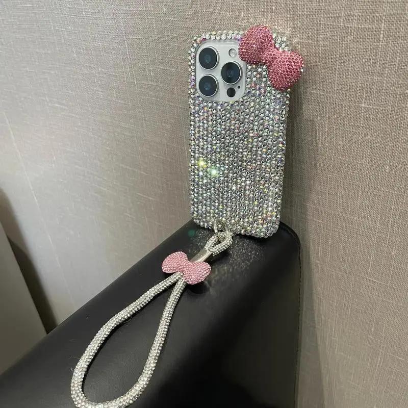 Glitter Bow Decor Phone Case with Chain, Cute Phone Case, Fashion Phone Accessories Compatible with Iphone 16 15 14 13 12 Series, Protector