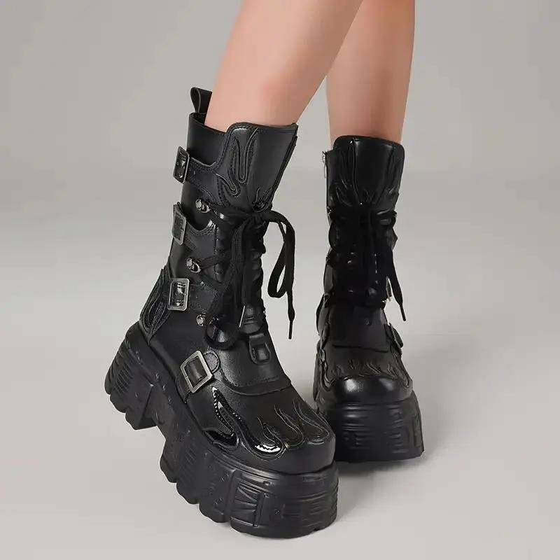 Women'S Punk Style Motorcycle Platform Ankle Boots with Fluorescent Flame Platform Wedge Gothic Combat Boots round Toe Design Non-Slip Rubber Sole Punk Rock Boots Concert Footwear Motorcycle Riding