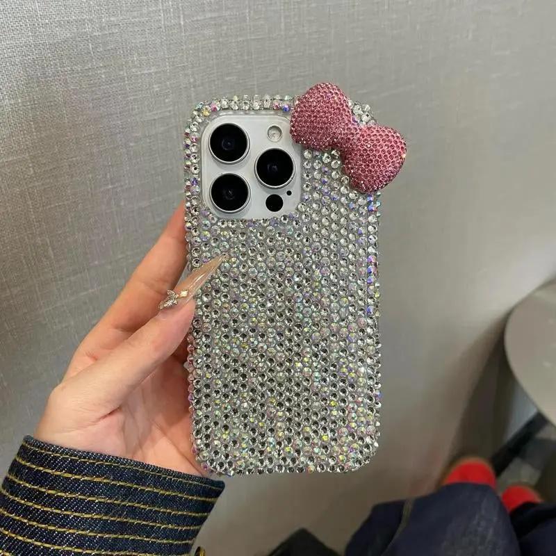 Glitter Bow Decor Phone Case with Chain, Cute Phone Case, Fashion Phone Accessories Compatible with Iphone 16 15 14 13 12 Series, Protector