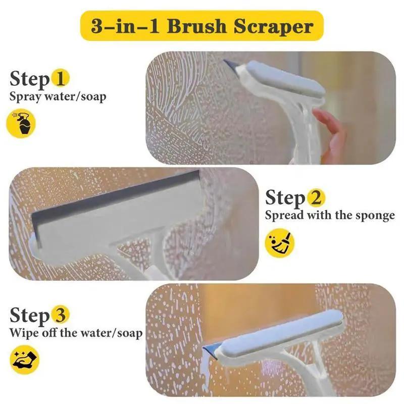 No More Messy Cleaners! 3-In-1 Glass Tool (Spray+Scrub+Squeegee+Scrape) – Windows, Mirrors, Car Windscreens Sparkle in 1 Go!