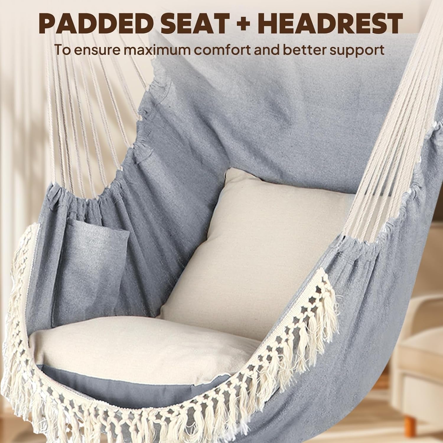 Hammock Chair Hanging Swing Max 500 Lbs 2 Cushions Included Steel Spreader Bar with Anti-Slip Grooves Portable Hanging Chair Side Pocket Large Macrame Bohemian Chair Indoor Outdoor