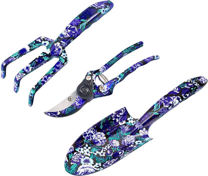 3 Piece Aluminum Garden Tool Set - Trowel, Cultivator, Pruning Shear, Gift Set for Gardening Needs (Purple&Blue)