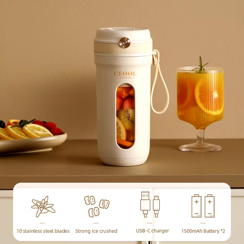 Portable Electric Blender with 10 Stainless Steel Blades - USB Rechargeable Mini Juicer for Fresh Fruit Mixing