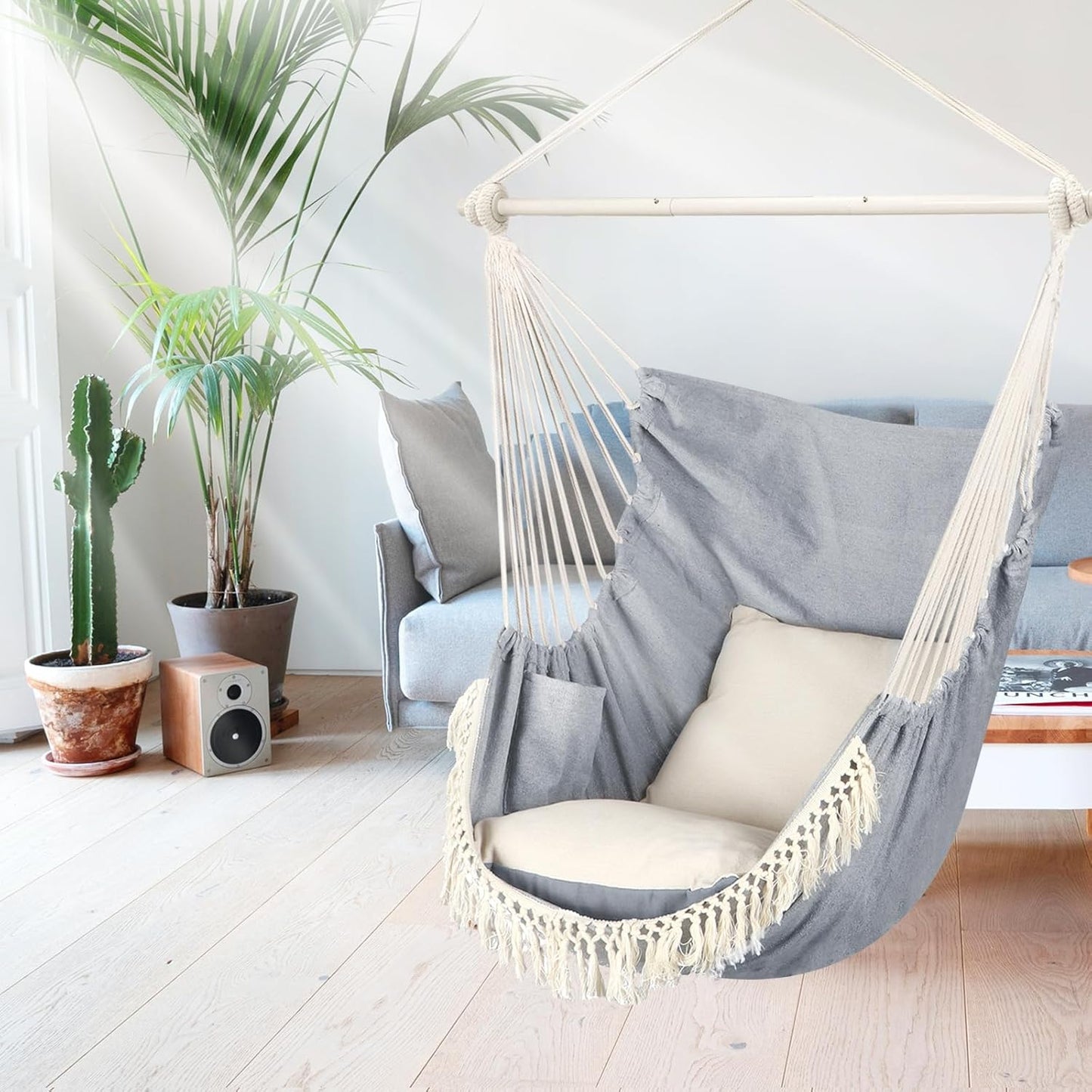 Hammock Chair Hanging Swing Max 500 Lbs 2 Cushions Included Steel Spreader Bar with Anti-Slip Grooves Portable Hanging Chair Side Pocket Large Macrame Bohemian Chair Indoor Outdoor