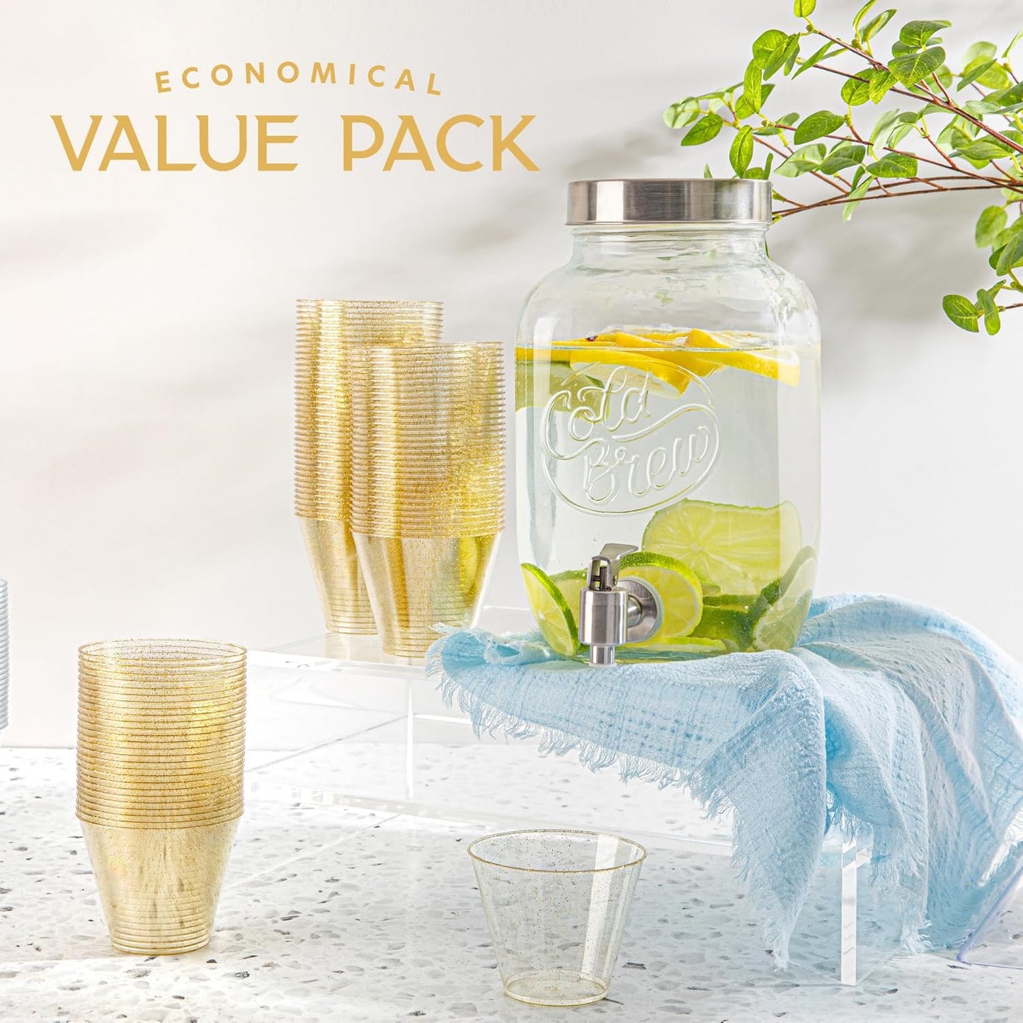 9 Oz Disposable Plastic Party Cups,Old Fashioned Designed Tumblers, Gold Glitter 200 Count,