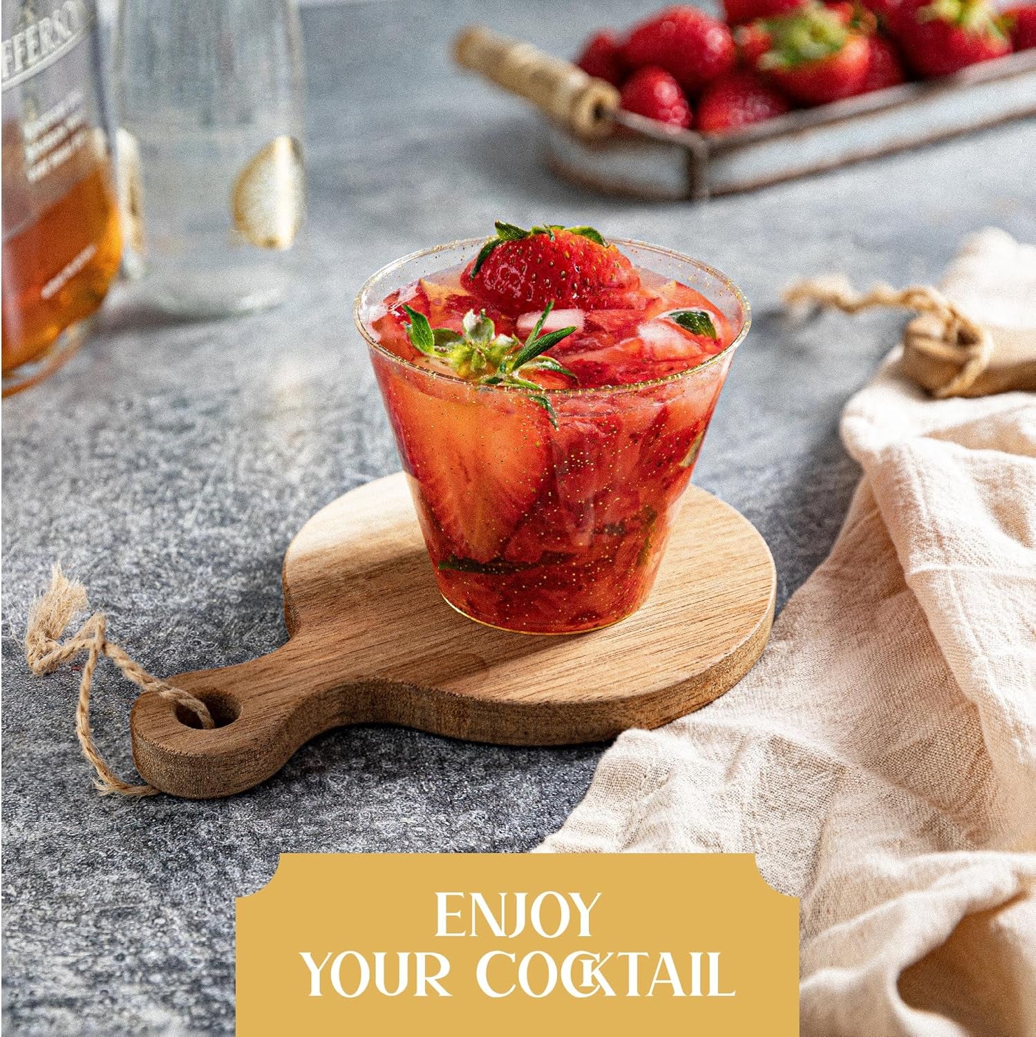 9 Oz Disposable Plastic Party Cups,Old Fashioned Designed Tumblers, Gold Glitter 200 Count,