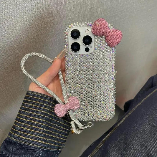 Glitter Bow Decor Phone Case with Chain, Cute Phone Case, Fashion Phone Accessories Compatible with Iphone 16 15 14 13 12 Series, Protector