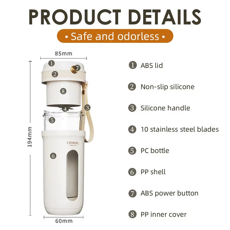 Portable Electric Blender with 10 Stainless Steel Blades - USB Rechargeable Mini Juicer for Fresh Fruit Mixing