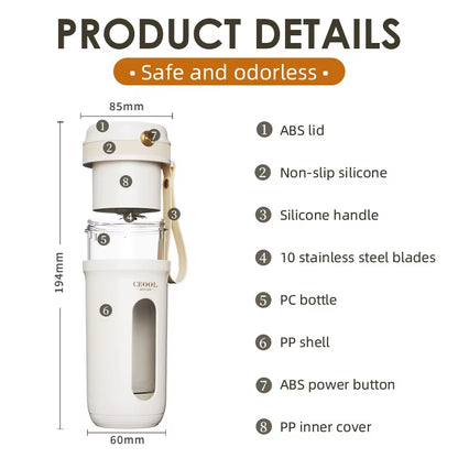 Portable Electric Blender with 10 Stainless Steel Blades - USB Rechargeable Mini Juicer for Fresh Fruit Mixing