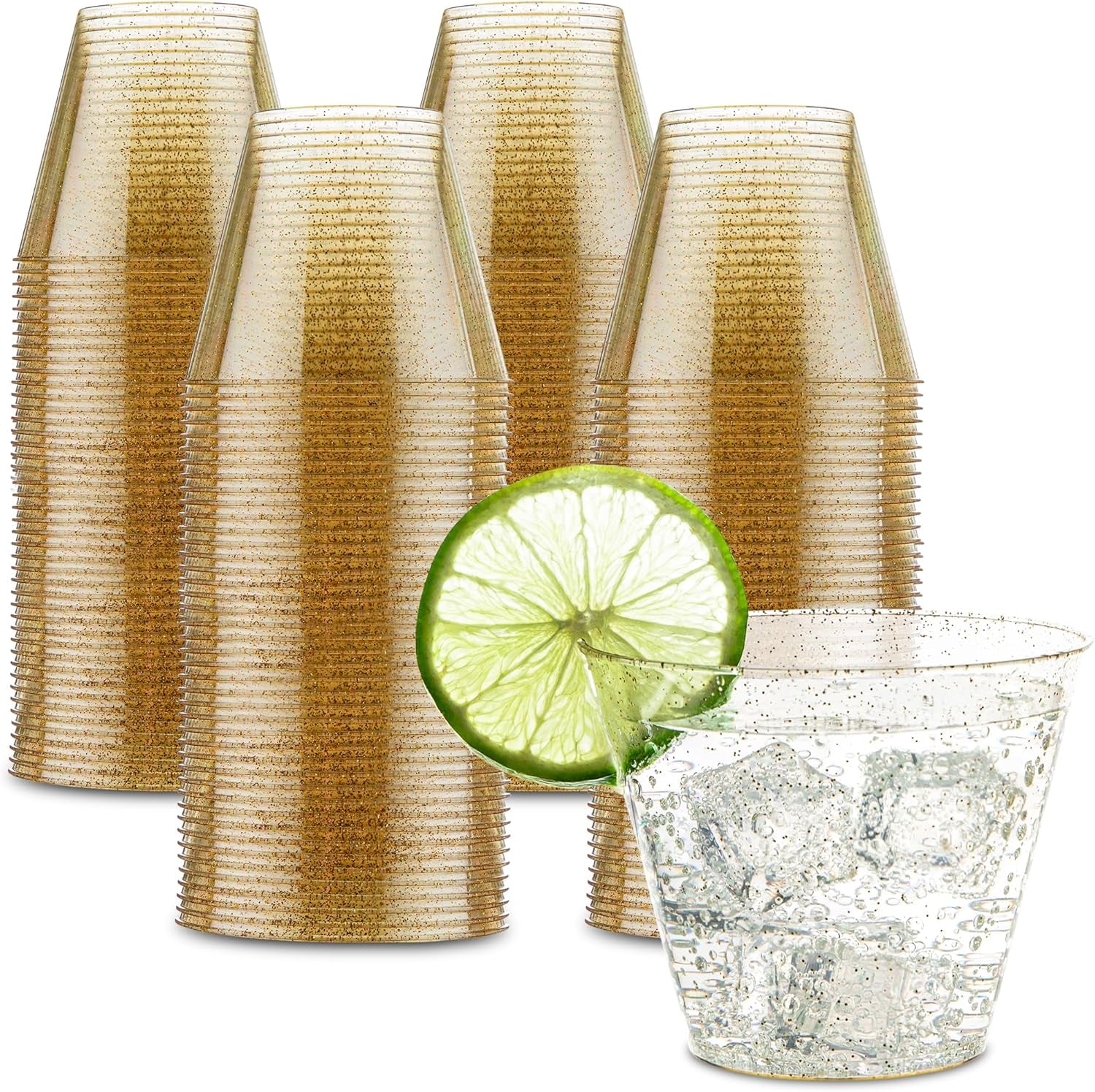 9 Oz Disposable Plastic Party Cups,Old Fashioned Designed Tumblers, Gold Glitter 200 Count,