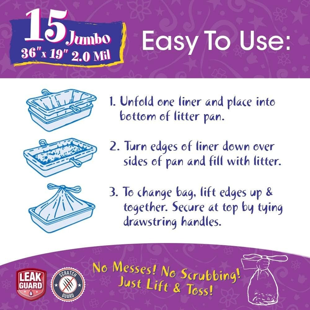 15 Pack Jumbo Litter Box Liners Thick Easy Cleanup Drawstring Scented Cats