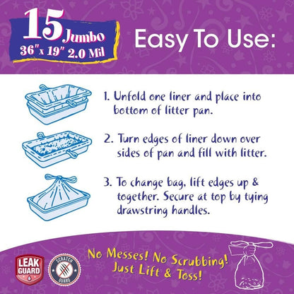 15 Pack Jumbo Litter Box Liners Thick Easy Cleanup Drawstring Scented Cats
