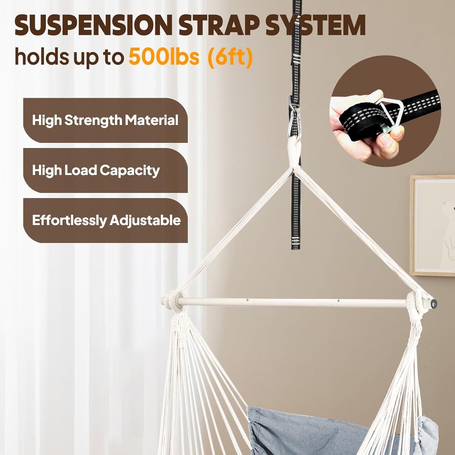 Hammock Chair Hanging Swing Max 500 Lbs 2 Cushions Included Steel Spreader Bar with Anti-Slip Grooves Portable Hanging Chair Side Pocket Large Macrame Bohemian Chair Indoor Outdoor