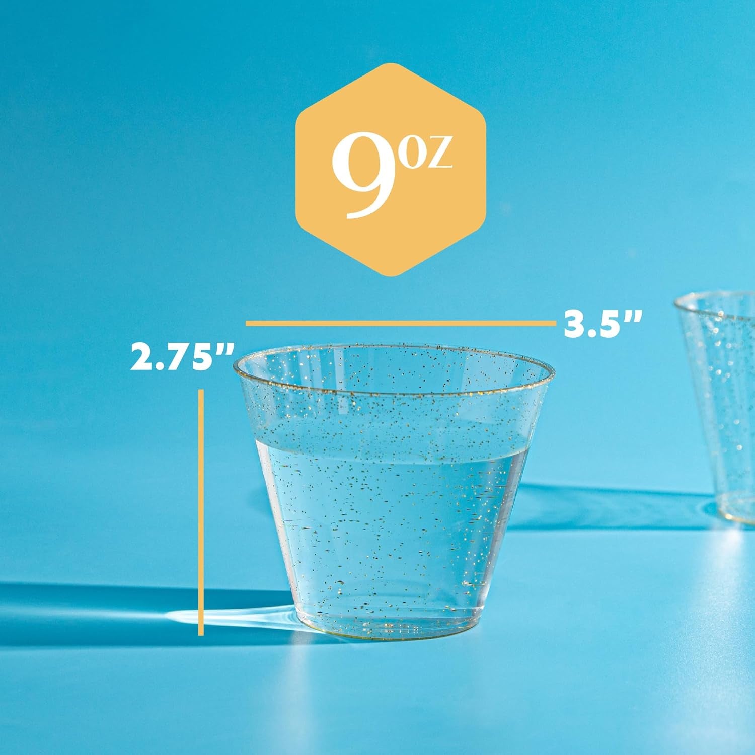 9 Oz Disposable Plastic Party Cups,Old Fashioned Designed Tumblers, Gold Glitter 200 Count,